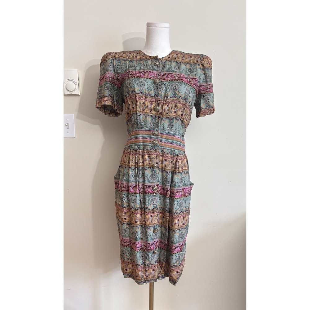 Vintage 80s‎ 90s Positive Attitude Funky Art Dress 11/12 Large Green Gold Pink
